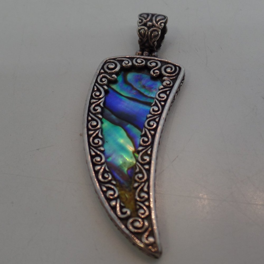 Samuel B Sterling Silver 925 & Abalone Shell Horn Pendant W Large Bale 8 Grams